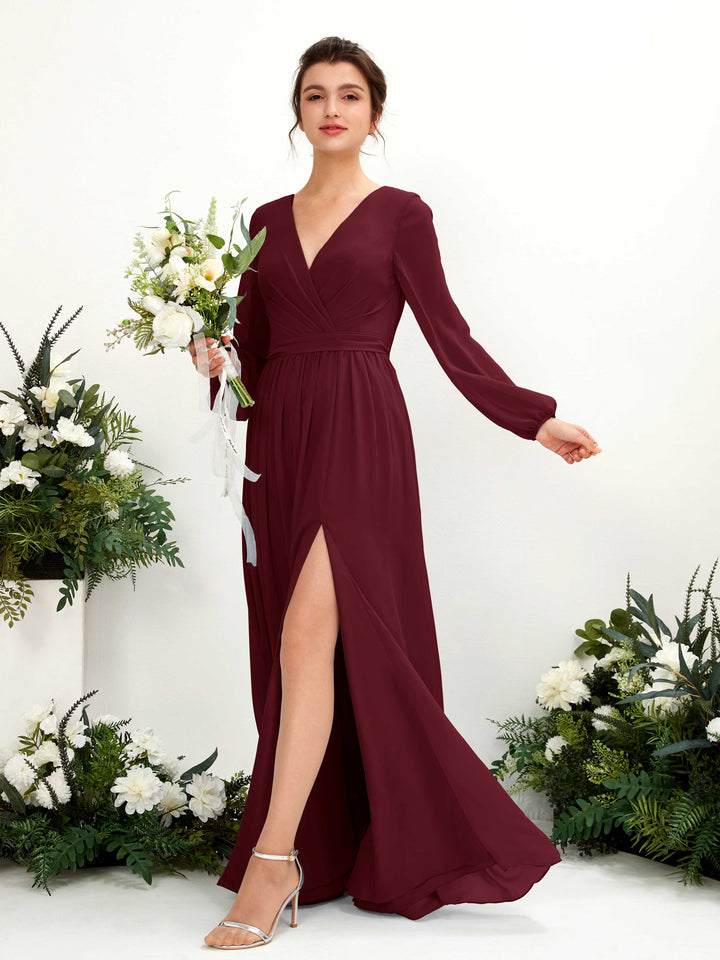 Carlyna Ginny A-Line Burgundy Bridesmaid Dress Maxi Long Sleeve V-Neck  