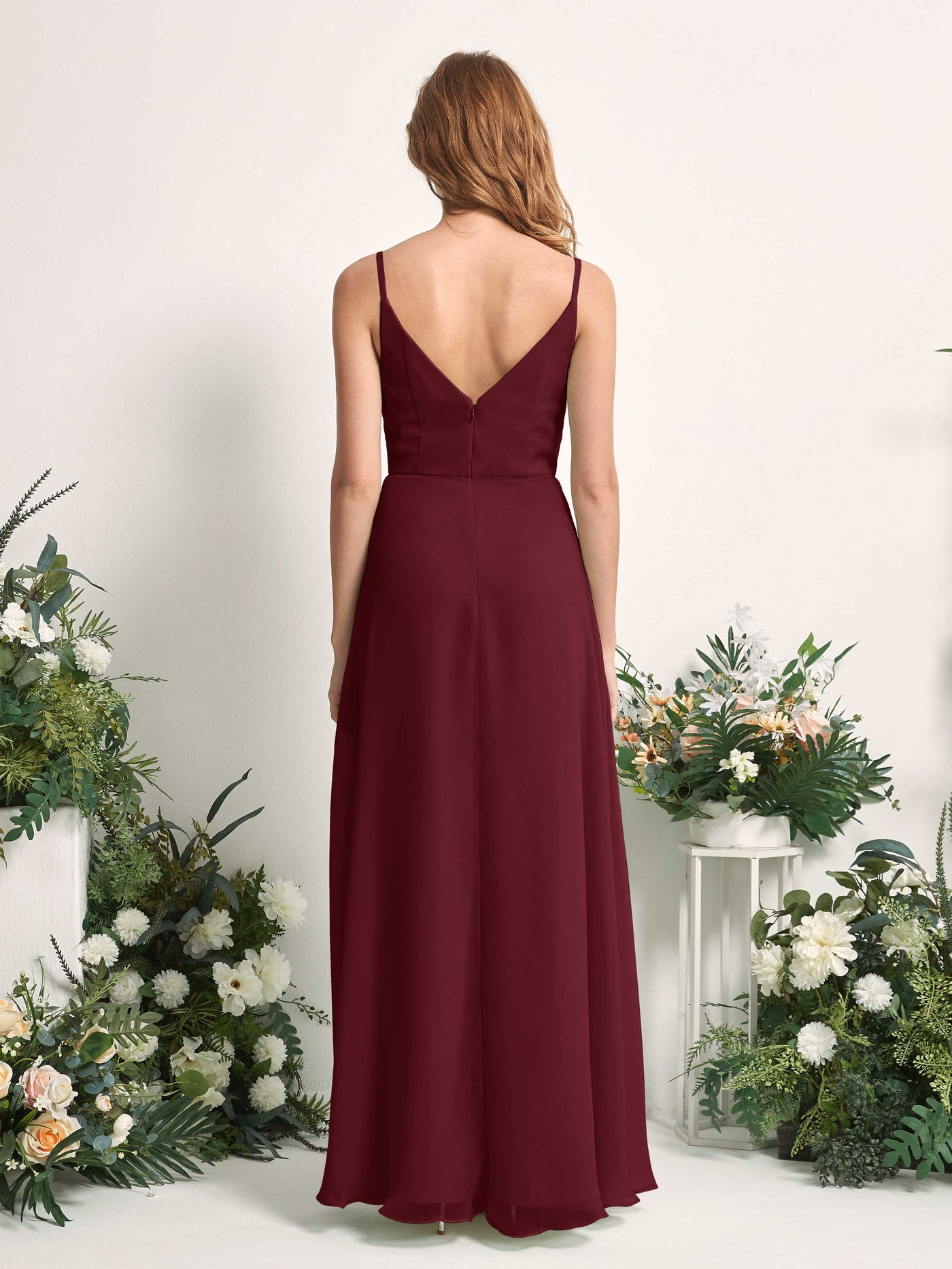 Bridesmaid Dress A-line Chiffon Spaghetti-straps Full Length Sleeveless Wedding Party Dress - Burgundy (81227212)#color_burgundy