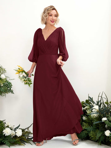 Carlyna Antonia A-Line Burgundy Bridesmaid Dress Maxi Three Quarter Sleeve V-Neck Dress #color_burgundy