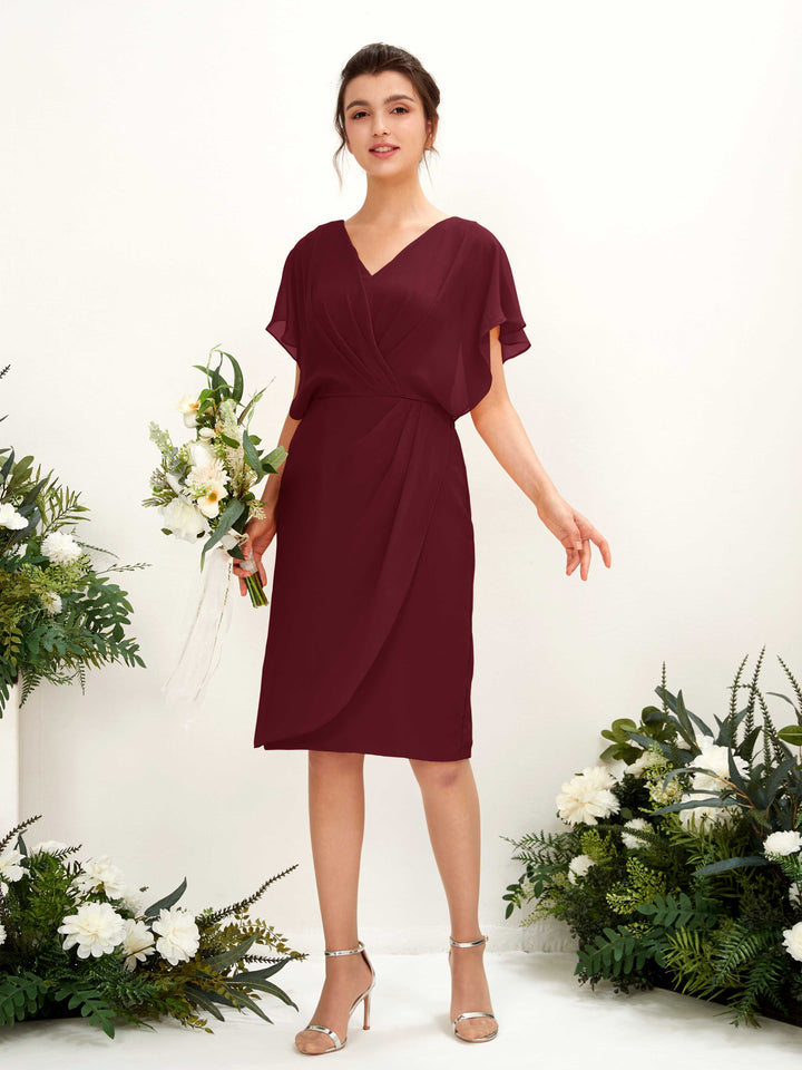 V-neck Short Sleeves Chiffon Bridesmaid Dress - Burgundy (81222212)