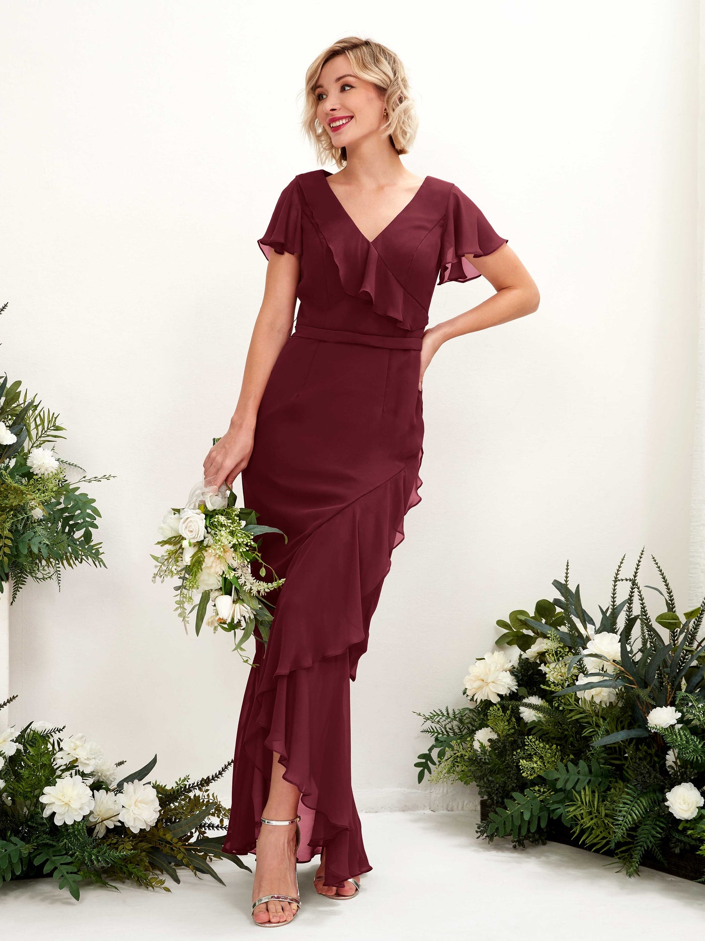 V-neck Short Sleeves Chiffon Bridesmaid Dress - Burgundy (81226212)#color_burgundy