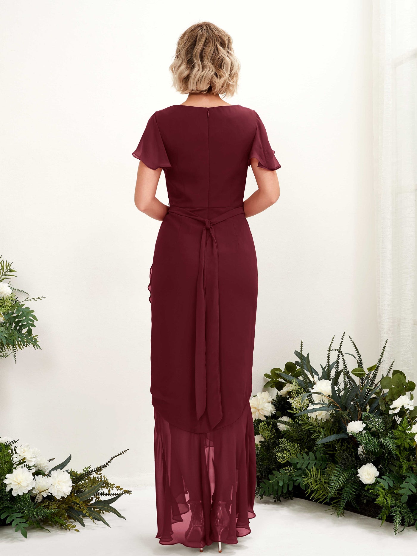 Carlyna Eartha Mermaid Burgundy Bridesmaid Dress Maxi Cap Sleeve V-Neck Dress #color_burgundy