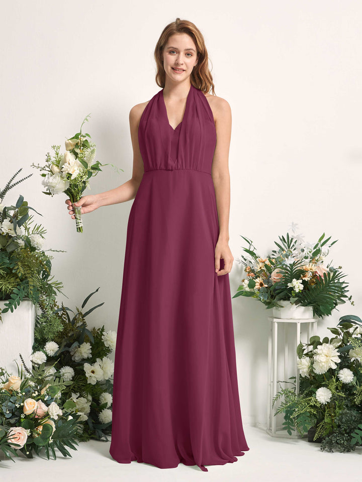 Bridesmaid Dress A-line Chiffon Halter Full Length Short Sleeves Wedding Party Dress - Chianti (81226334)