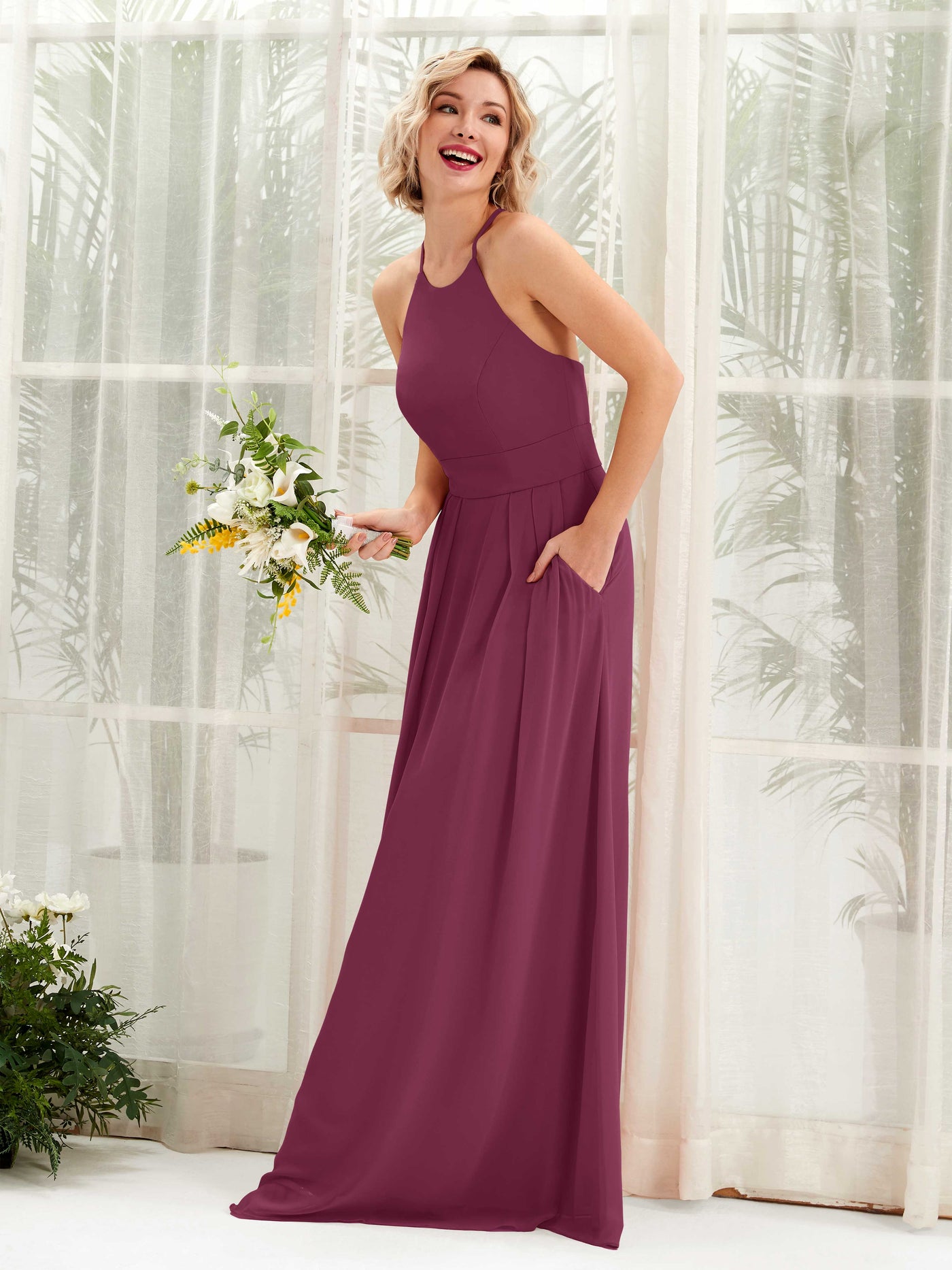 A-line Ball Gown Halter Spaghetti-straps Sleeveless Bridesmaid Dress - Chianti (81225234)#color_chianti