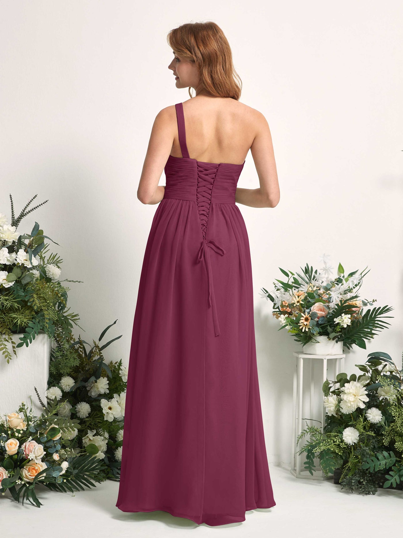 Bridesmaid Dress A-line Chiffon One Shoulder Full Length Sleeveless Wedding Party Dress - Chianti (81226734)#color_chianti