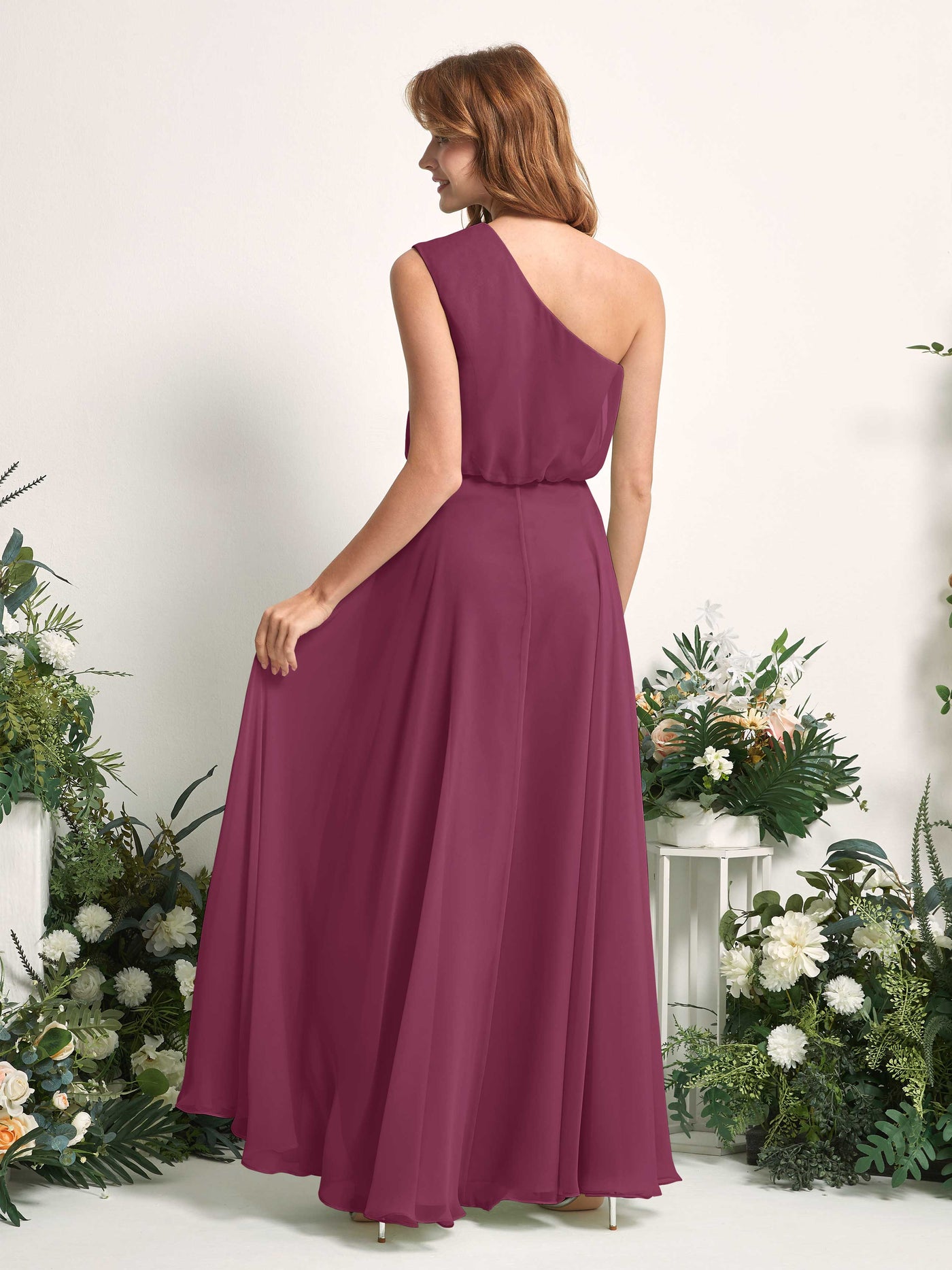 Bridesmaid Dress A-line Chiffon One Shoulder Full Length Sleeveless Wedding Party Dress - Chianti (81226834)#color_chianti