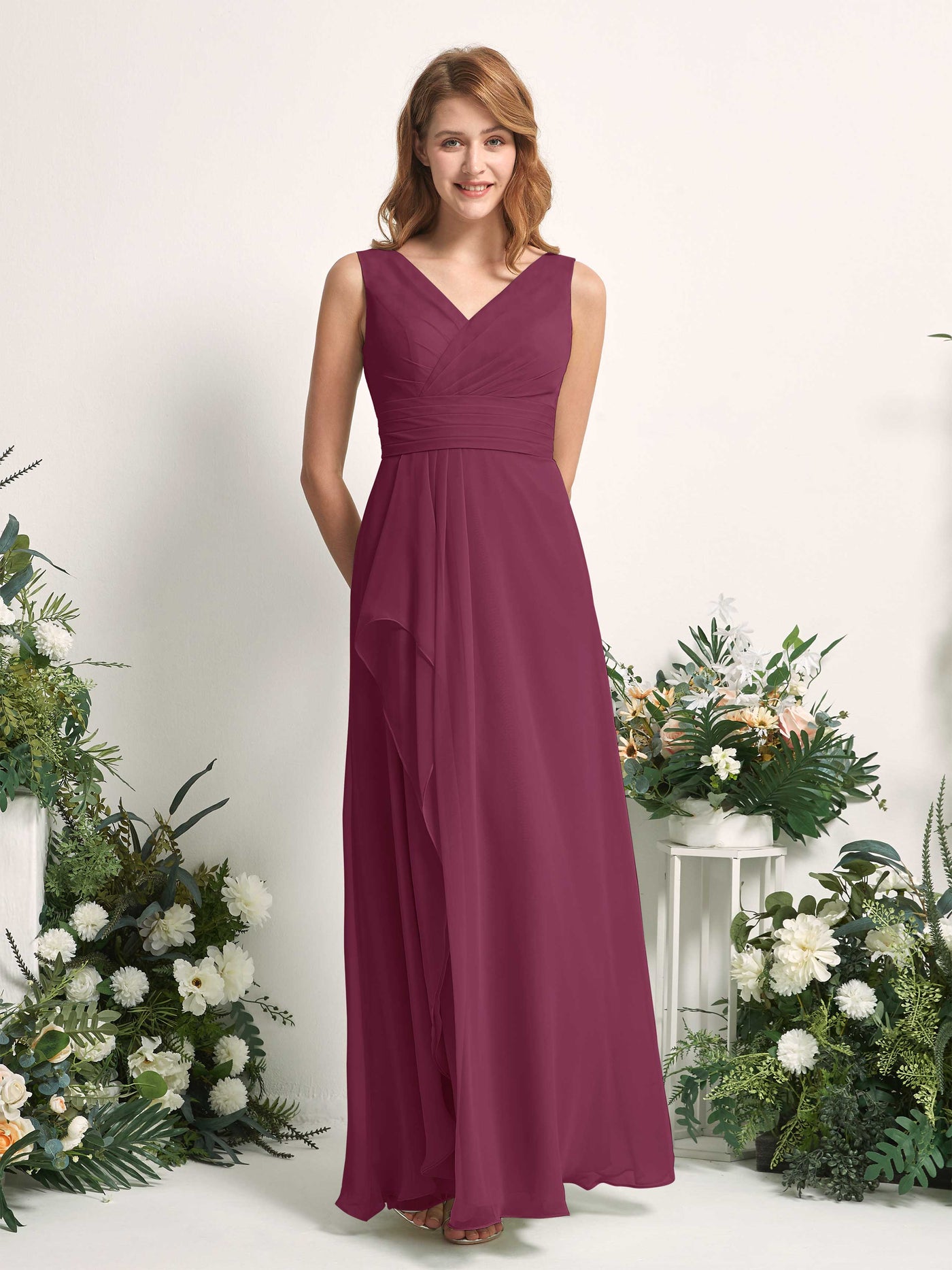 Carlyna Mollie A-Line Chianti Bridesmaid Dress Maxi Sleeveless V-Neck Dress #color_chianti