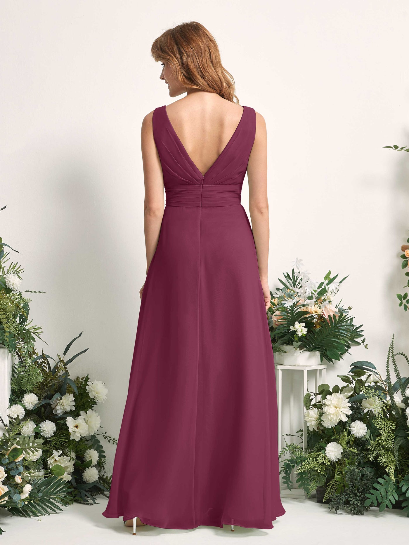 Carlyna Mollie A-Line Chianti Bridesmaid Dress Maxi Sleeveless V-Neck Dress #color_chianti