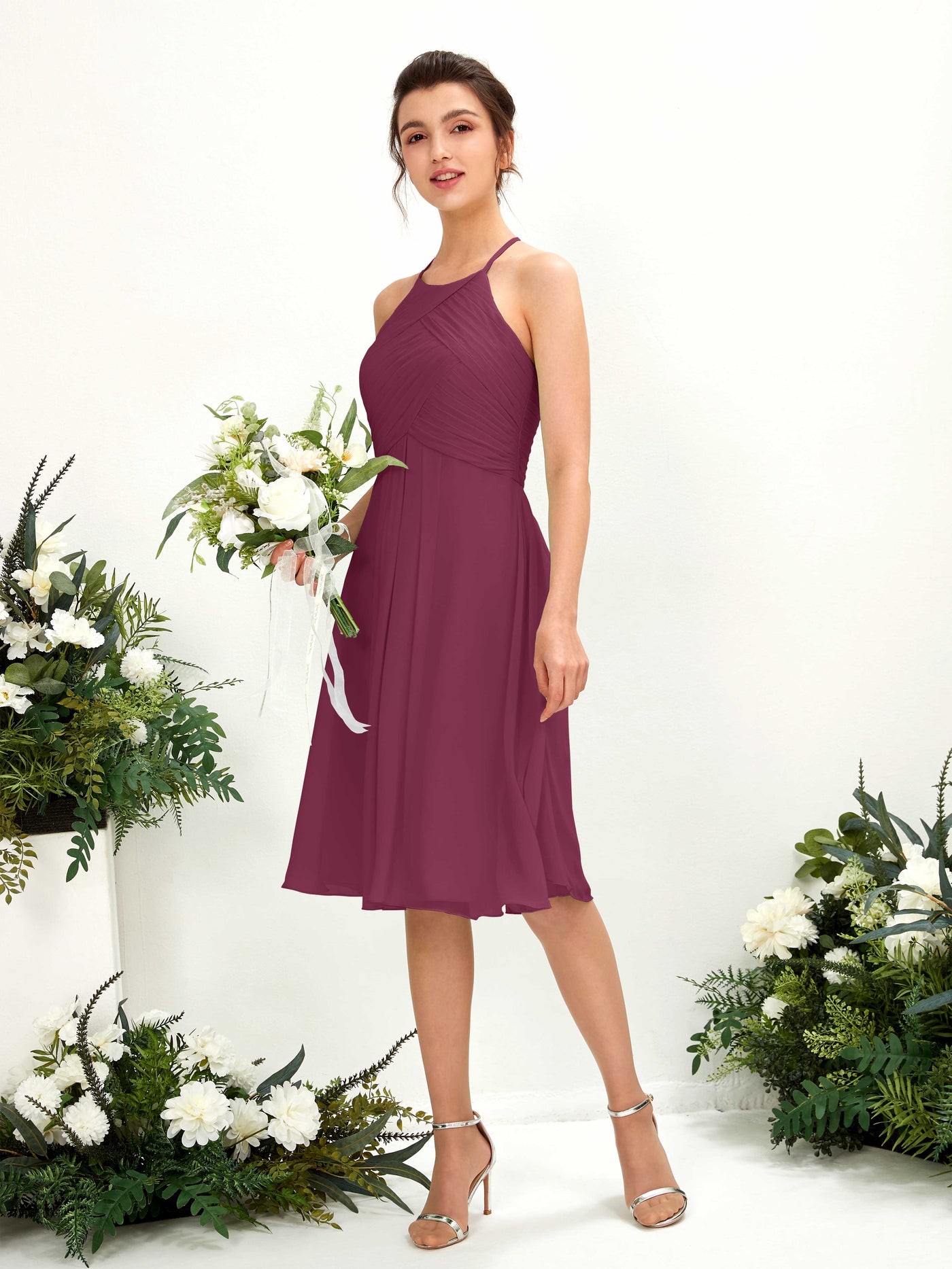 A-line Halter Sleeveless Chiffon Bridesmaid Dress - Chianti (81220434)#color_chianti