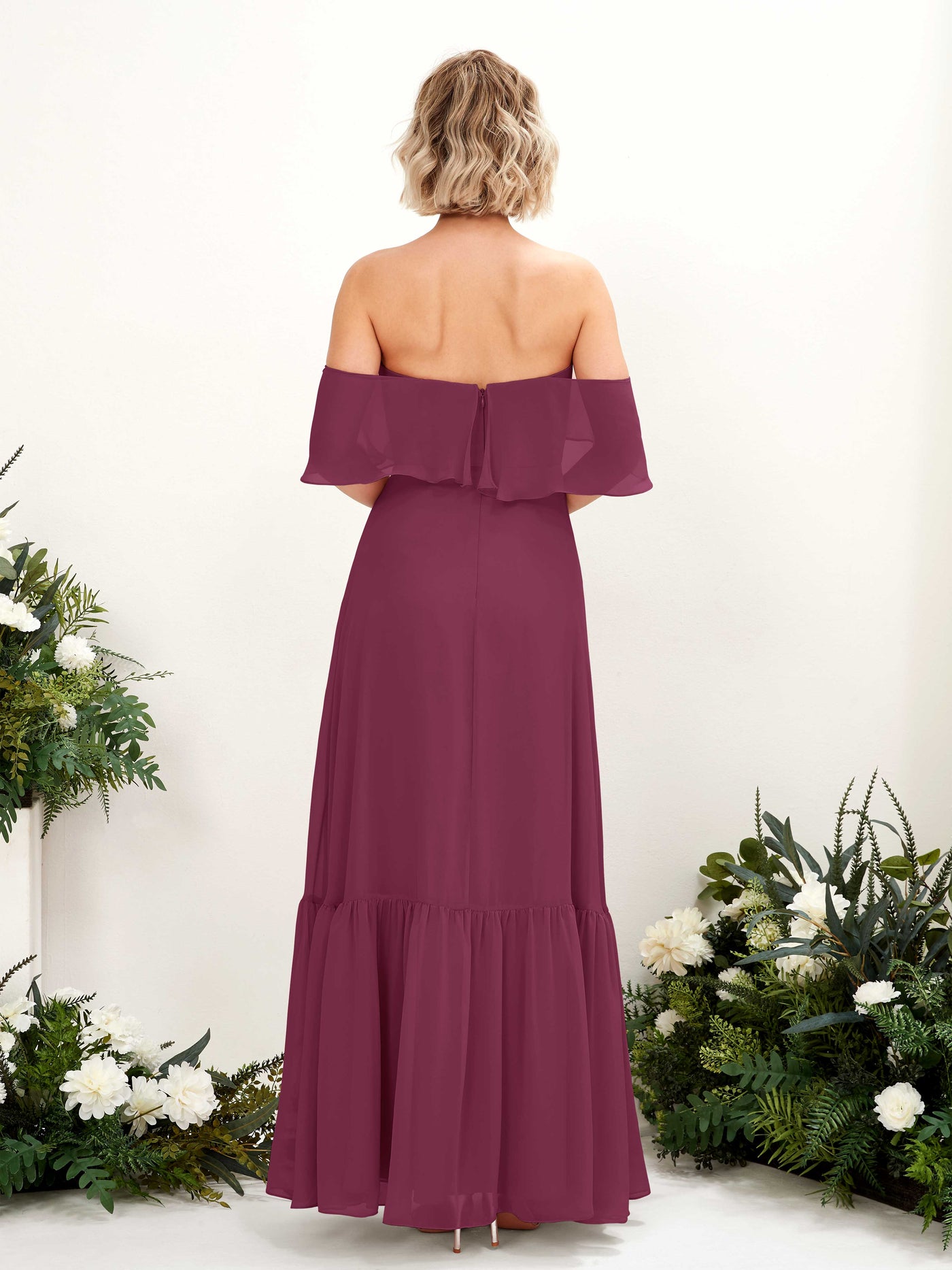 Carlyna Joie A-Line Chianti Bridesmaid Dress Maxi Sleeveless Off the Shoulder Dress #color_chianti