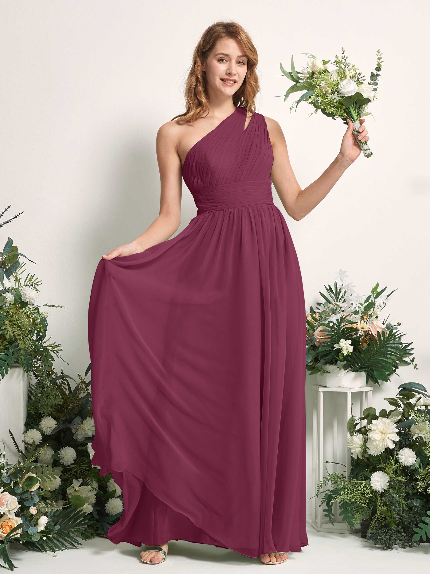 Carlyna Evelyn A-Line Chianti Bridesmaid Dress Maxi Sleeveless One Shoulder Dress #color_chianti