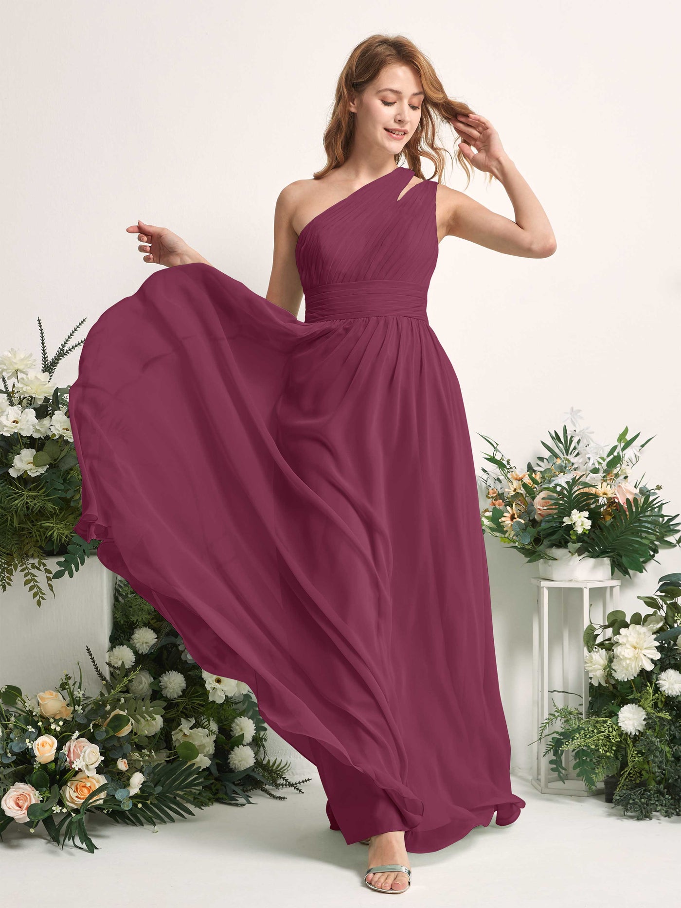 Carlyna Evelyn A-Line Chianti Bridesmaid Dress Maxi Sleeveless One Shoulder Dress #color_chianti