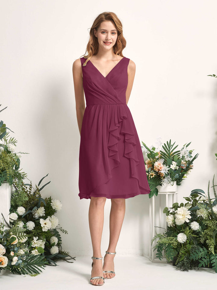 Bridesmaid Dress A-line Chiffon Straps Knee Length Sleeveless Wedding Party Dress - Chianti (81226634)