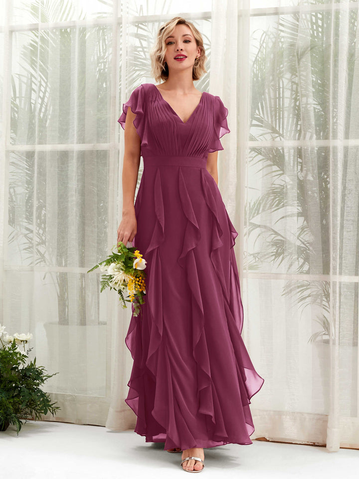 A-line V-neck Short Sleeves Chiffon Bridesmaid Dress - Chianti (81226034)