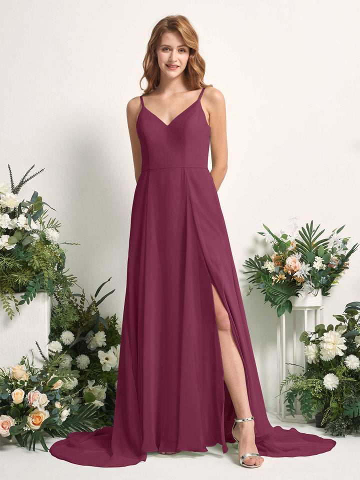 Bridesmaid Dress A-line Chiffon Spaghetti-straps Full Length Sleeveless Wedding Party Dress - Chianti (81227734)