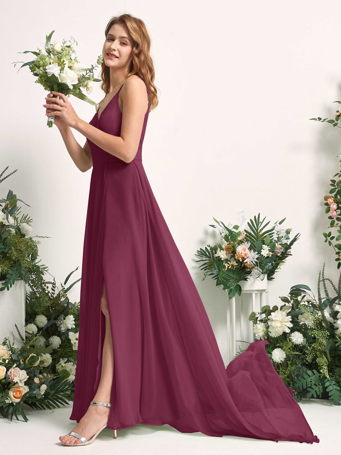 Bridesmaid Dress A-line Chiffon Spaghetti-straps Full Length Sleeveless Wedding Party Dress - Chianti (81227734)#color_chianti