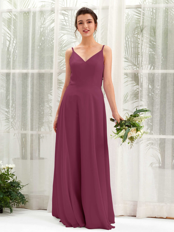 A-line Spaghetti-straps V-neck Sleeveless Chiffon Bridesmaid Dress - Chianti (81220634)