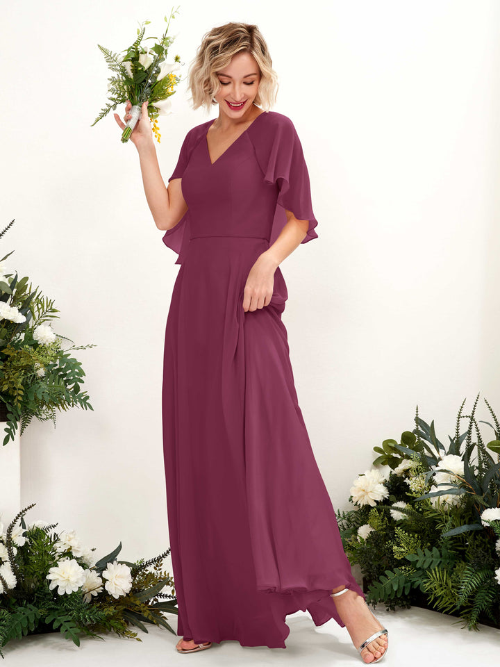 A-line V-neck Short Sleeves Chiffon Bridesmaid Dress - Chianti (81224434)