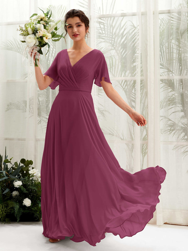 A-line V-neck Short Sleeves Chiffon Bridesmaid Dress - Chianti (81224634)