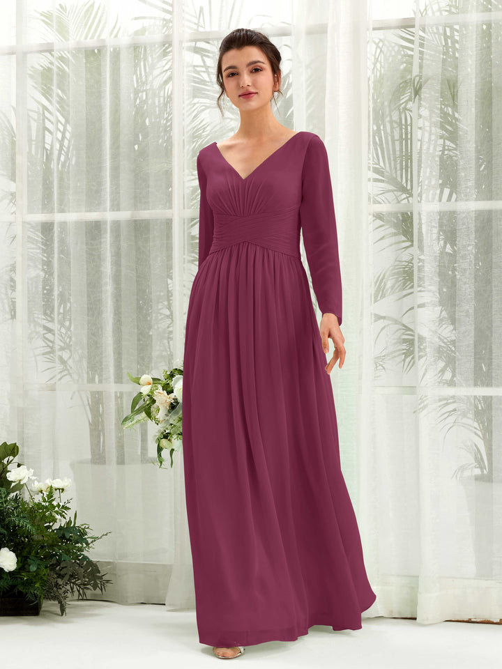 Ball Gown V-neck Long Sleeves Chiffon Bridesmaid Dress - Chianti (81220334)