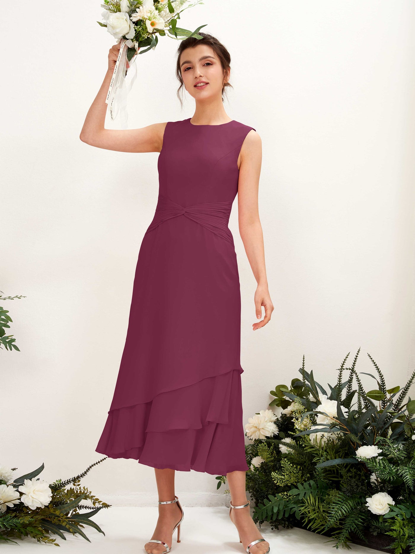 Mermaid/Trumpet Round Sleeveless Chiffon Bridesmaid Dress - Chianti (81221934)#color_chianti