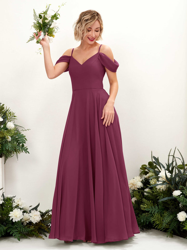 Off Shoulder Straps V-neck Sleeveless Chiffon Bridesmaid Dress - Chianti (81224934)