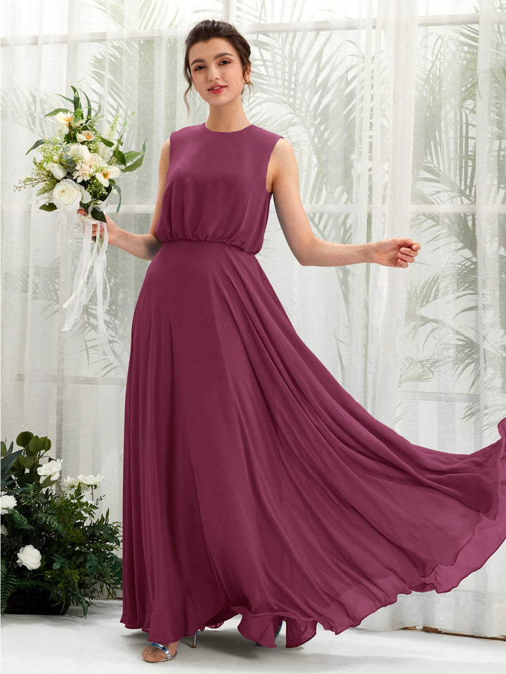 Round Sleeveless Chiffon Bridesmaid Dress - Chianti (81222834)