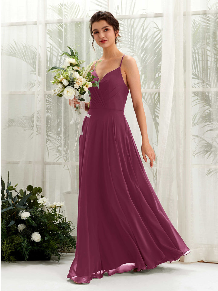 Spaghetti-straps V-neck Sleeveless Bridesmaid Dress - Chianti (81224234)