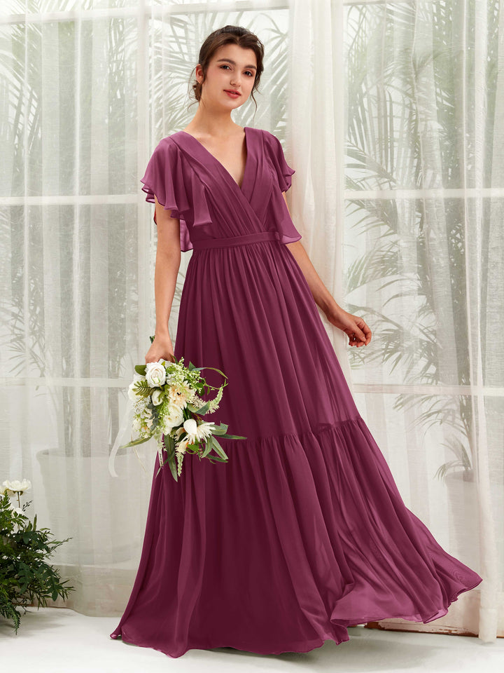 V-neck Cap Sleeves Chiffon Bridesmaid Dress - Chianti (81225934)