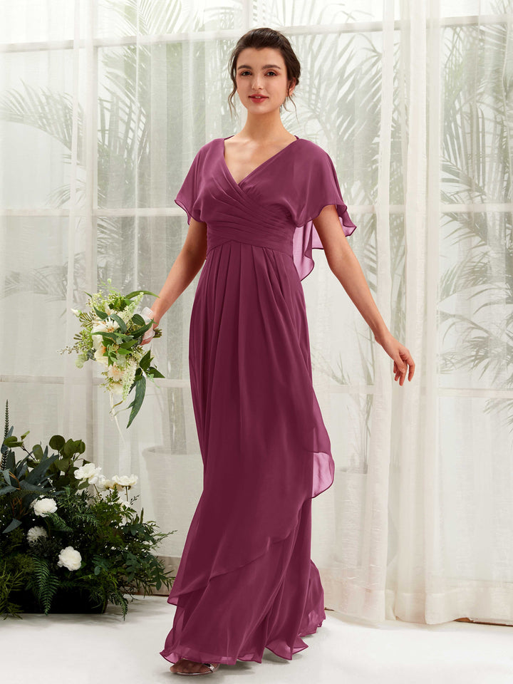 V-neck Short Sleeves Chiffon Bridesmaid Dress - Chianti (81226134)