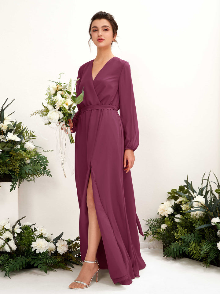 V-neck Long Sleeves Chiffon Bridesmaid Dress - Chianti (81223234)