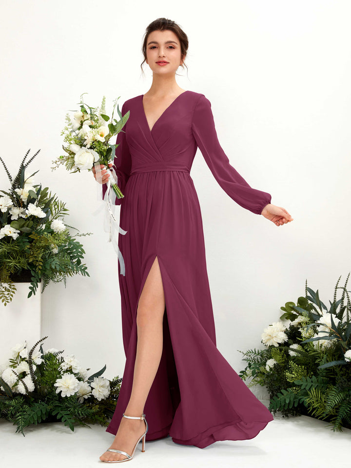 V-neck Long Sleeves Chiffon Bridesmaid Dress - Chianti (81223834)