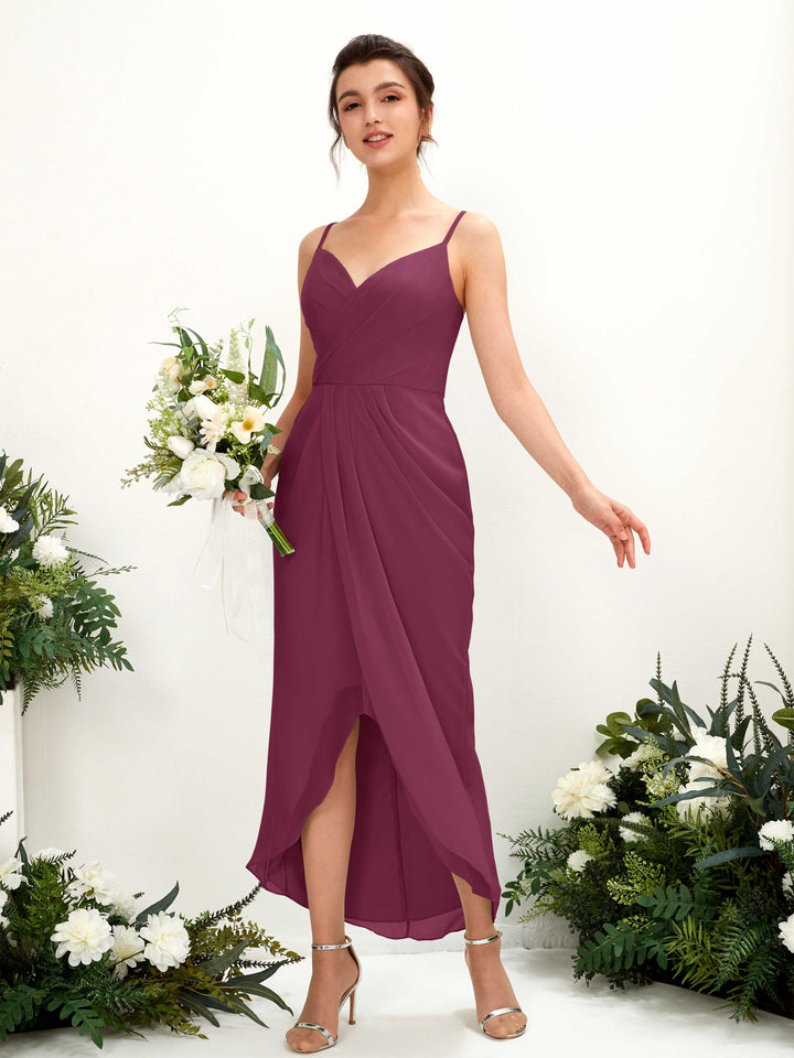 Spaghetti-straps V-neck Sleeveless Chiffon Bridesmaid Dress - Chianti (81221334)