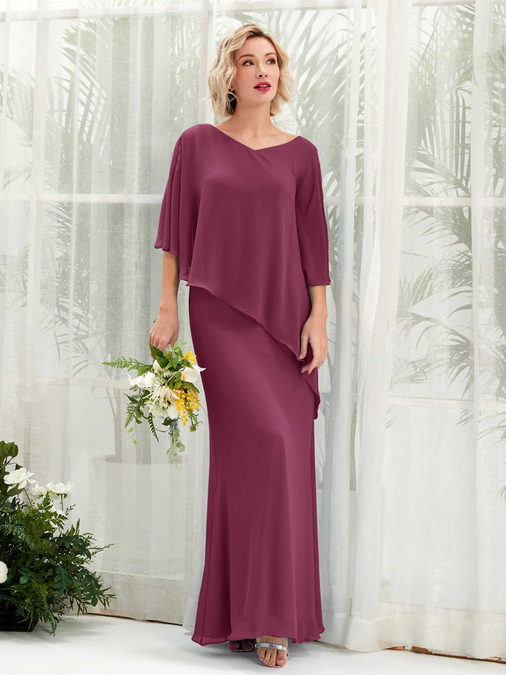 V-neck 3/4 Sleeves Chiffon Bridesmaid Dress - Chianti (81222534)