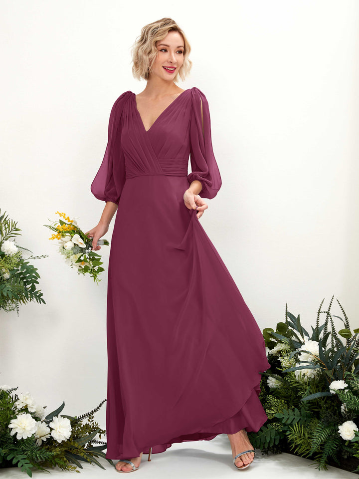 Carlyna Antonia A-Line Chianti Bridesmaid Dress Maxi Three Quarter Sleeve V-Neck Dress 