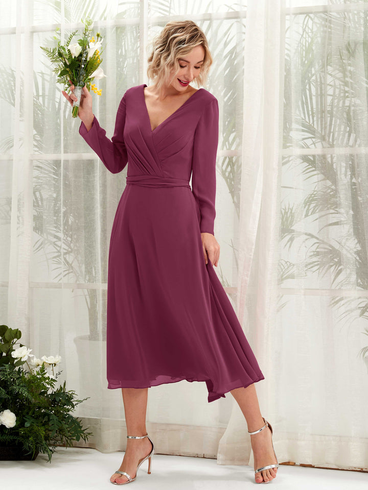 V-neck Long Sleeves Chiffon Bridesmaid Dress - Chianti (81223334)