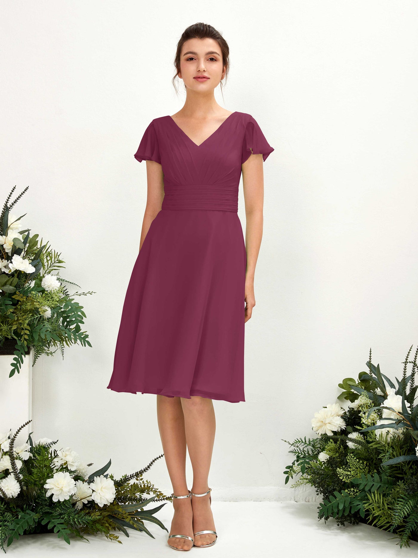 V-neck Short Sleeves Chiffon Bridesmaid Dress - Chianti (81220234)#color_chianti