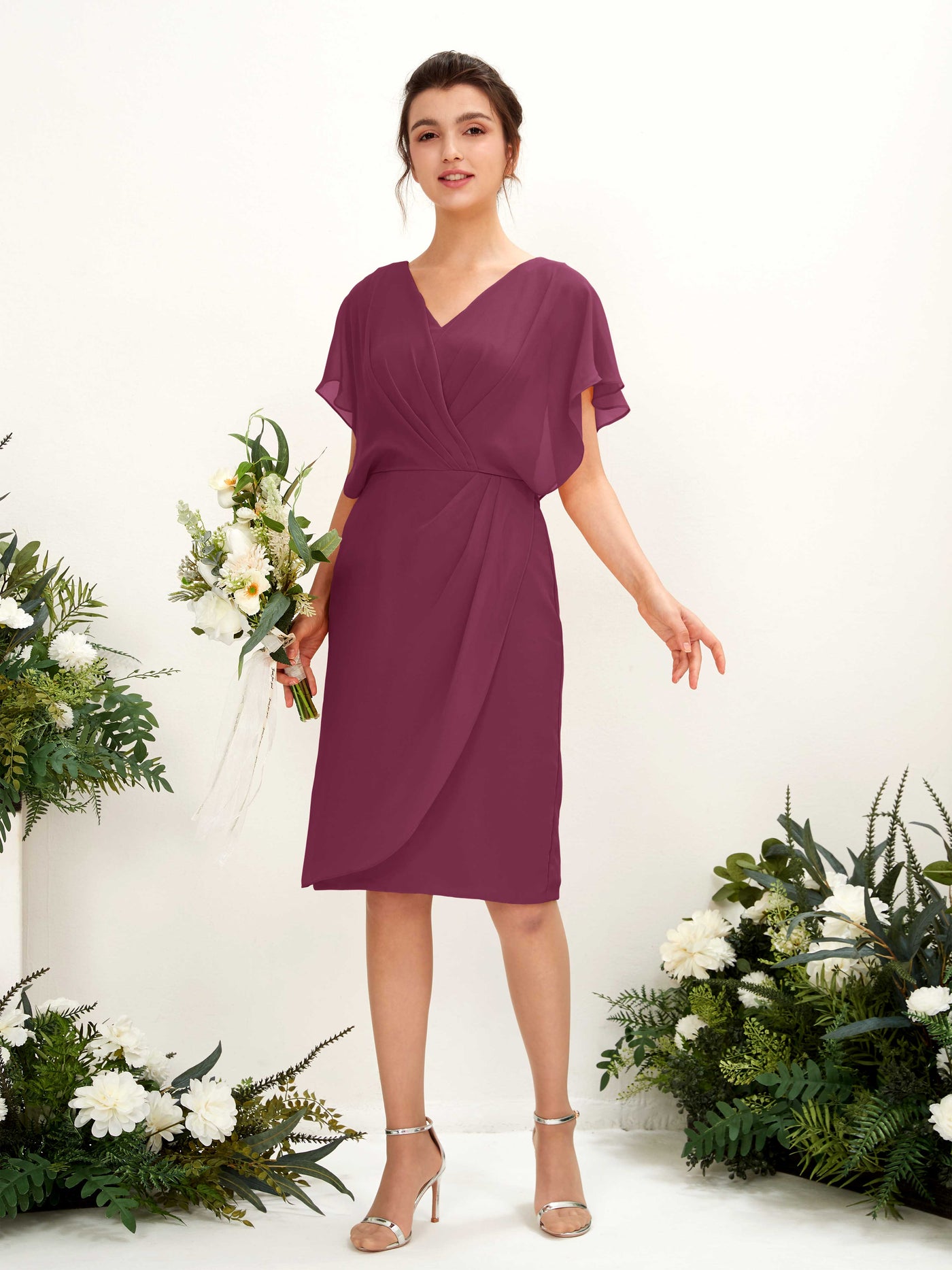 V-neck Short Sleeves Chiffon Bridesmaid Dress - Chianti (81222234)#color_chianti