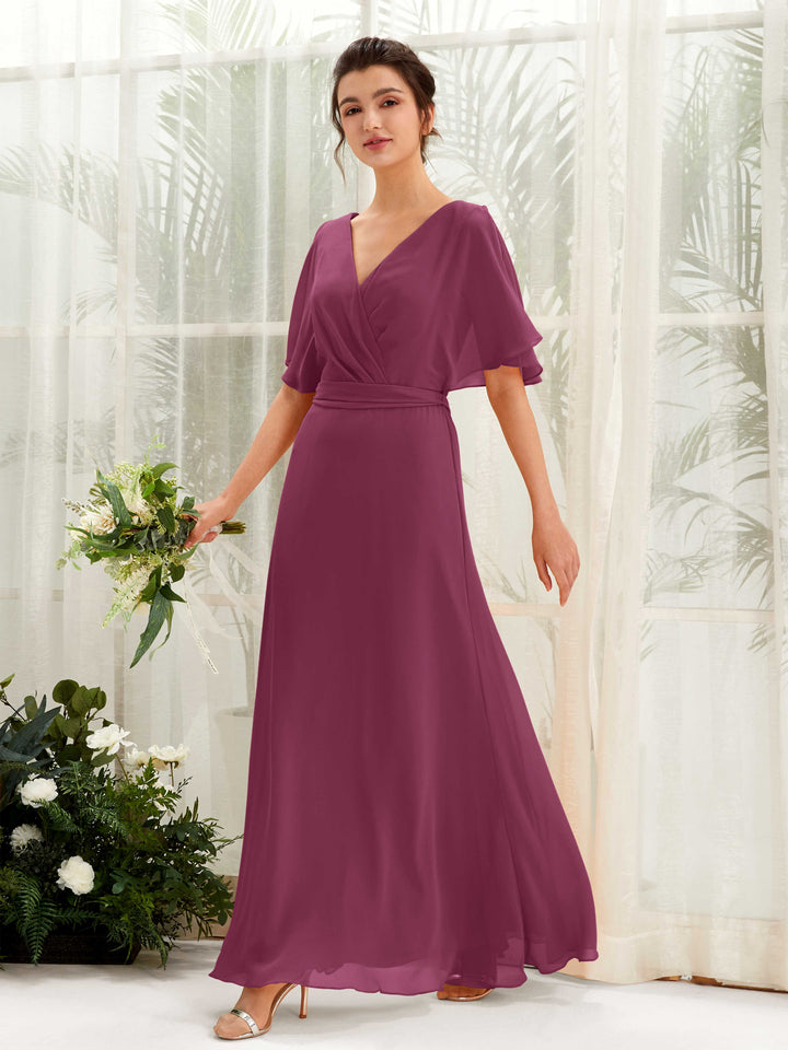 V-neck Short Sleeves Chiffon Bridesmaid Dress - Chianti (81222434)