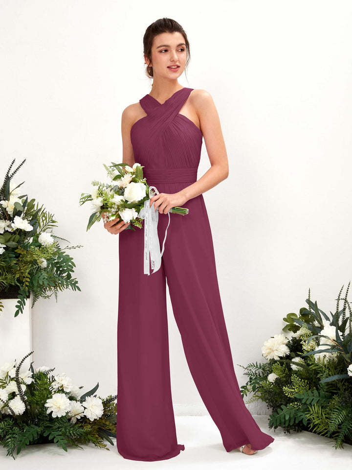 V-neck Sleeveless Chiffon Bridesmaid Dress Wide-Leg Jumpsuit - Chianti (81220734)