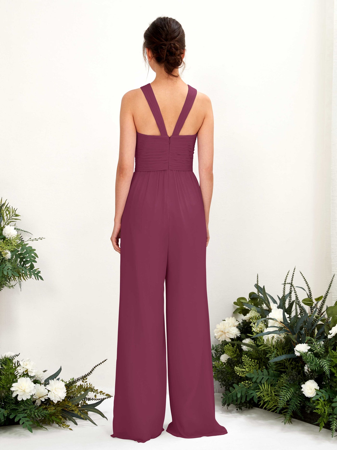 Carlyna Hilona Jumpsuit Chianti Bridesmaid Dress Maxi Sleeveless V-Neck Dress #color_chianti