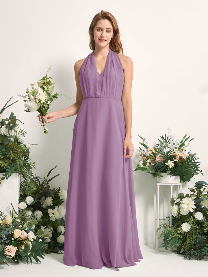 Bridesmaid Dress A-line Chiffon Halter Full Length Short Sleeves Wedding Party Dress - Orchid Mist (81226321)