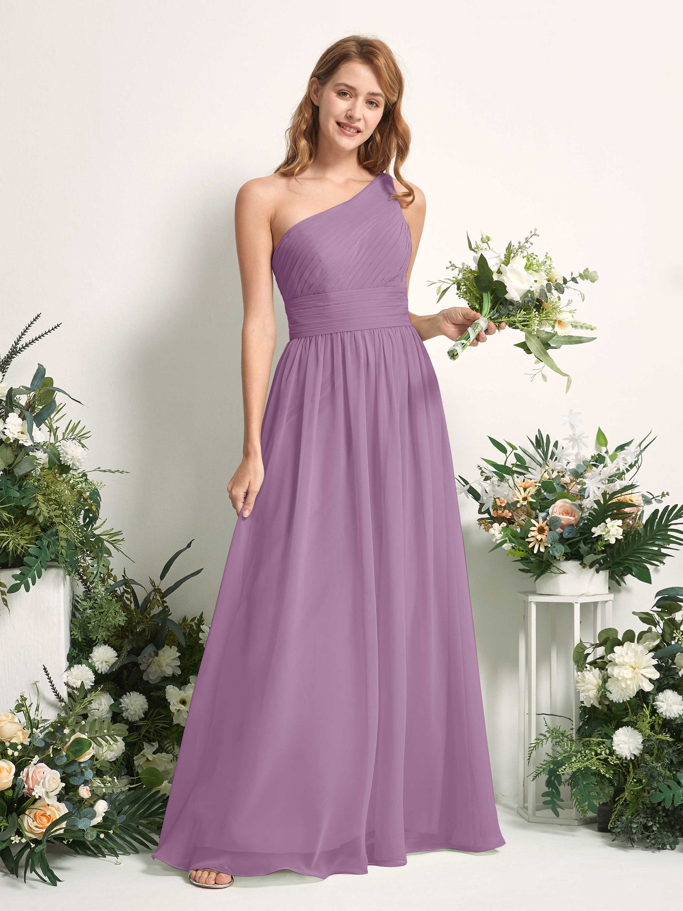 Bridesmaid Dress A-line Chiffon One Shoulder Full Length Sleeveless Wedding Party Dress - Orchid Mist (81226721)#color_orchid-mist