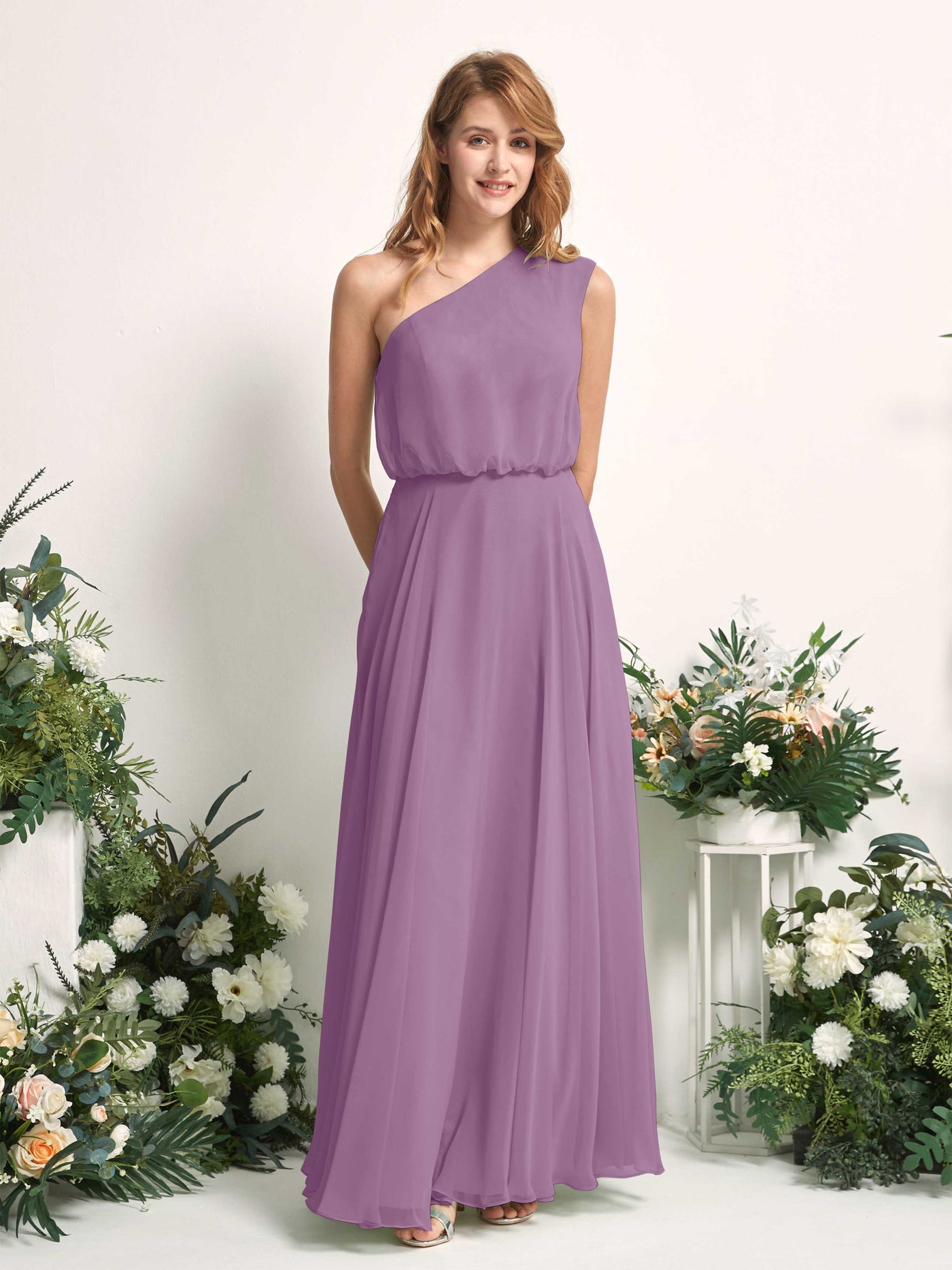 Bridesmaid Dress A-line Chiffon One Shoulder Full Length Sleeveless Wedding Party Dress - Orchid Mist (81226821)#color_orchid-mist