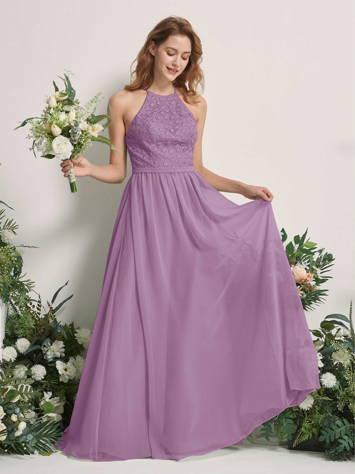 Orchid Mist Bridesmaid Dresses A-line Halter Sleeveless Chiffon Dresses (83220821)