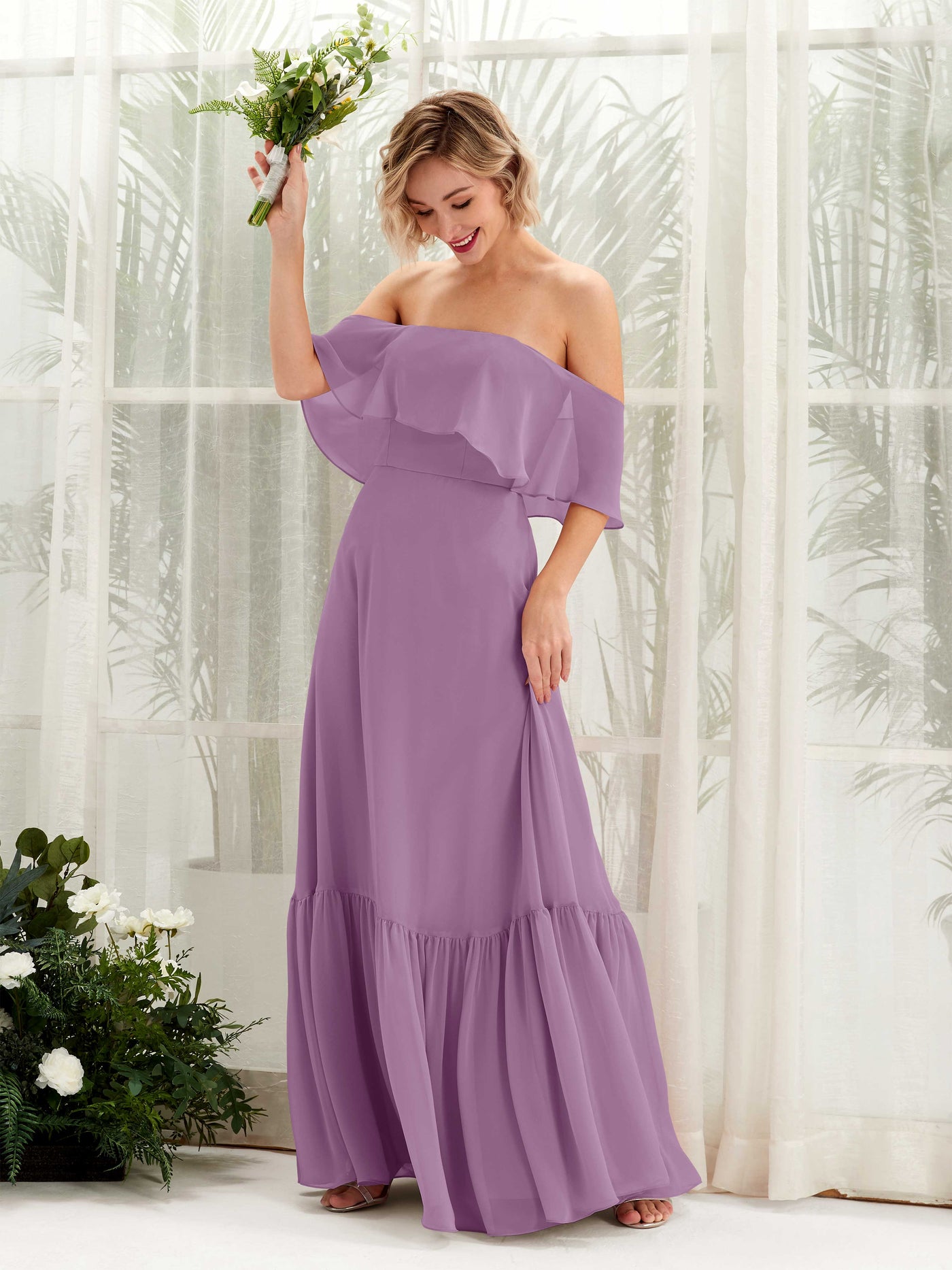 Carlyna Joie A-Line Orchid Mist Bridesmaid Dress Maxi Sleeveless Off the Shoulder Dress #color_orchid-mist