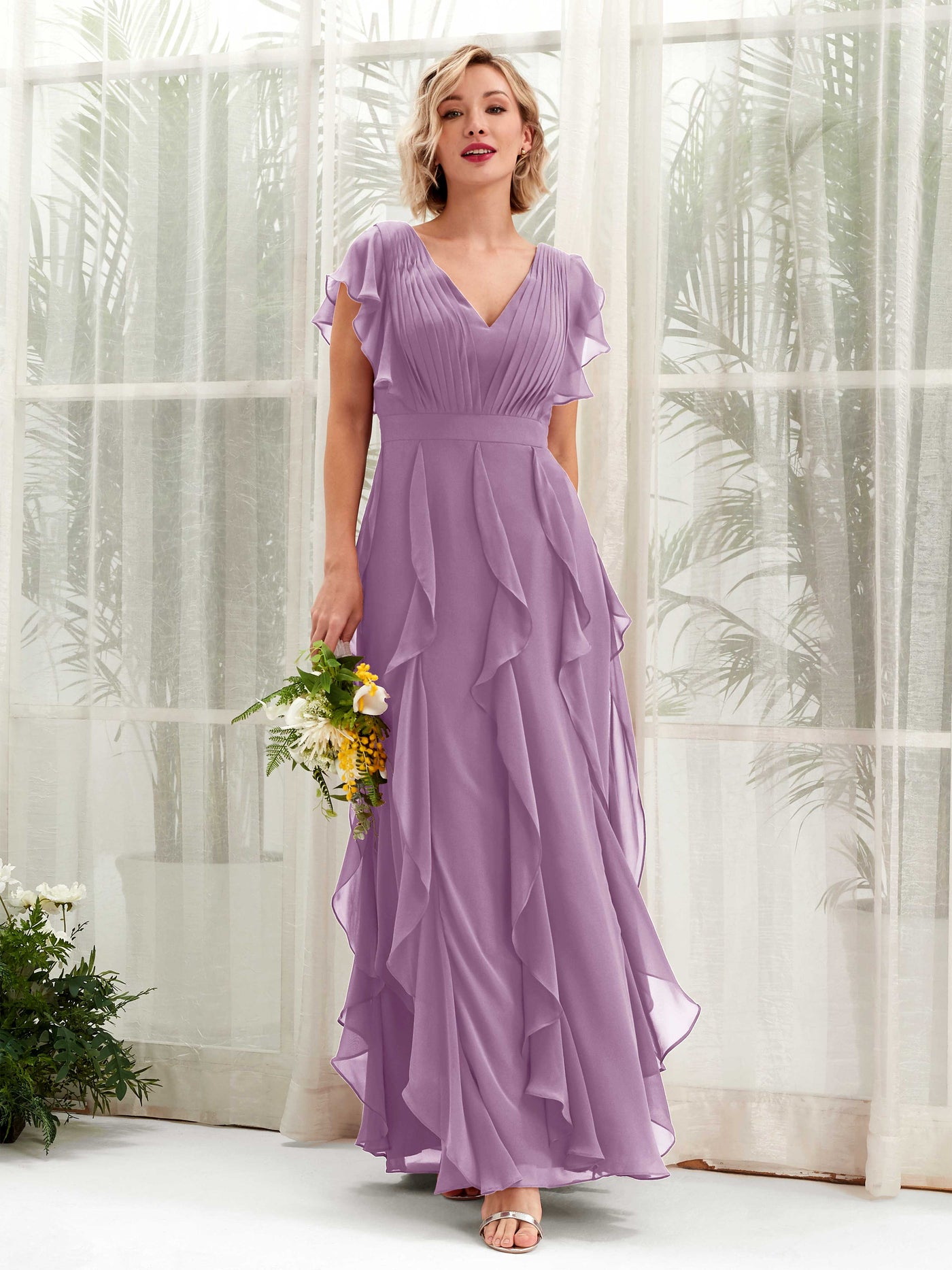 A-line V-neck Short Sleeves Chiffon Bridesmaid Dress - Orchid Mist (81226021)#color_orchid-mist