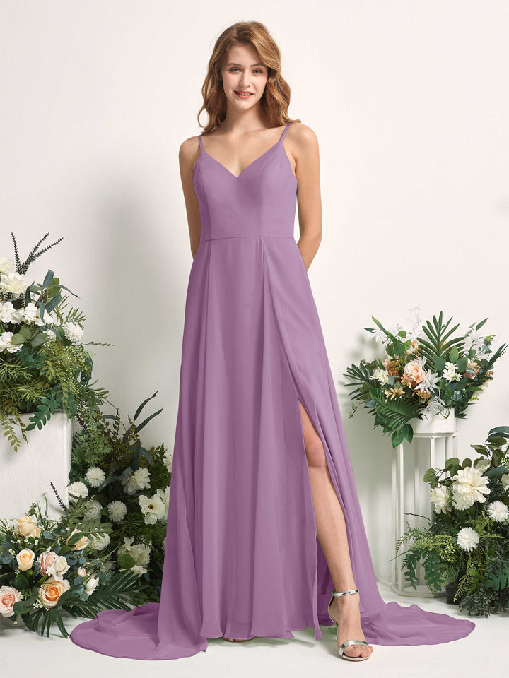 Bridesmaid Dress A-line Chiffon Spaghetti-straps Full Length Sleeveless Wedding Party Dress - Orchid Mist (81227721)