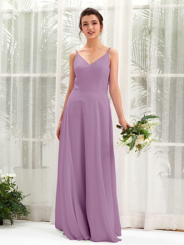 A-line Spaghetti-straps V-neck Sleeveless Chiffon Bridesmaid Dress - Orchid Mist (81220621)