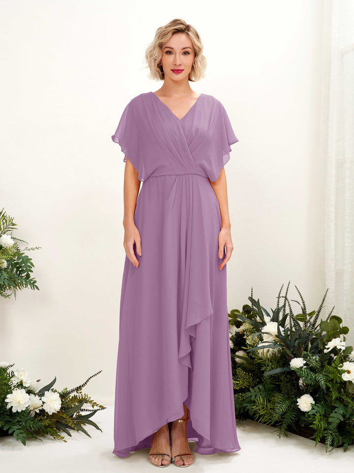 A-line V-neck Short Sleeves Chiffon Bridesmaid Dress - Orchid Mist (81222121)